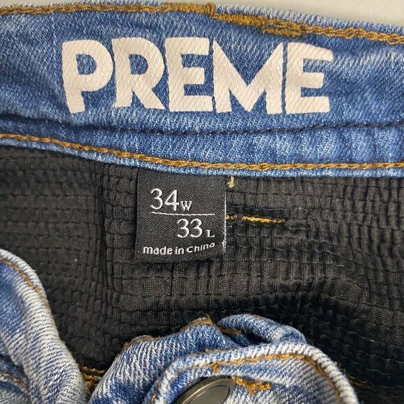 PREME Men’s Denim Moto Blue Side Stripe Distressed Destroyed Jeans Size 34X33 - Picture 9 of 11
